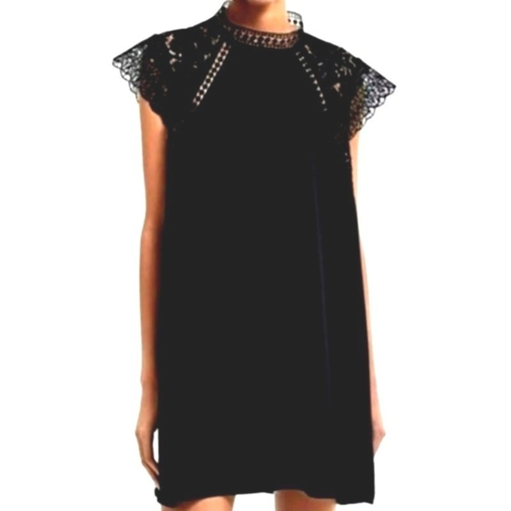 ZARA XS Little Black Dress Mini Sleeveless Floral Lace Crochet Button Neck Goth